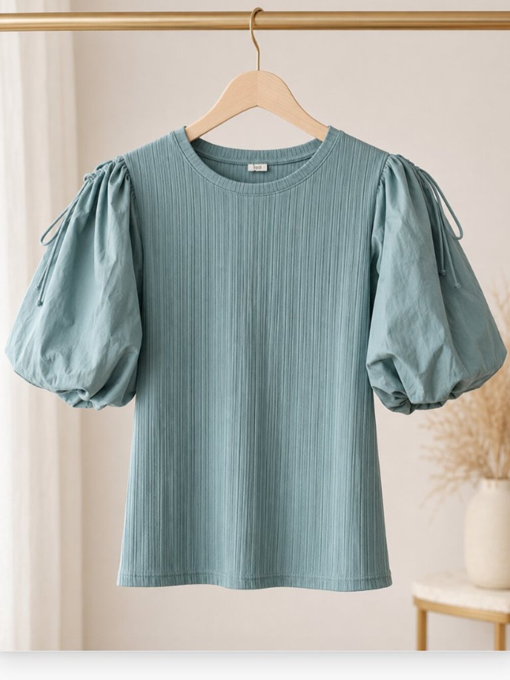 River Island Teal Blue Balloon Sleeve Mixed-Fabric Top - Size 12 - NWT‎